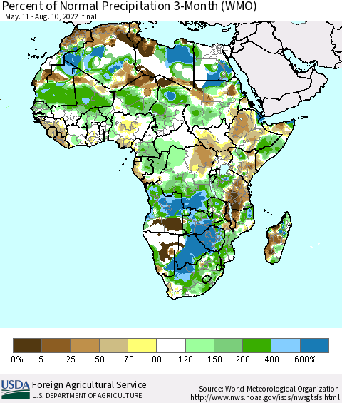 Africa Percent of Normal Precipitation 3-Month (WMO) Thematic Map For 5/11/2022 - 8/10/2022