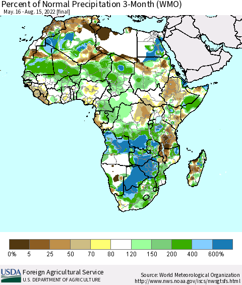 Africa Percent of Normal Precipitation 3-Month (WMO) Thematic Map For 5/16/2022 - 8/15/2022