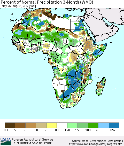 Africa Percent of Normal Precipitation 3-Month (WMO) Thematic Map For 5/26/2022 - 8/25/2022