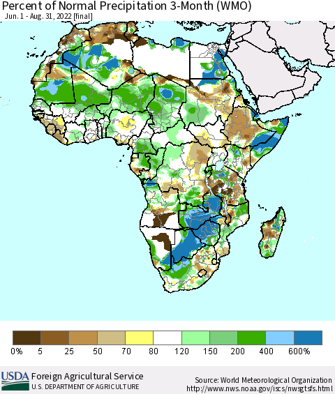 Africa Percent of Normal Precipitation 3-Month (WMO) Thematic Map For 6/1/2022 - 8/31/2022
