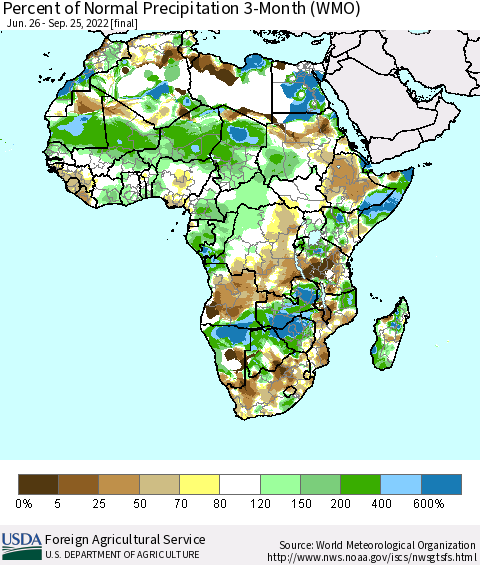 Africa Percent of Normal Precipitation 3-Month (WMO) Thematic Map For 6/26/2022 - 9/25/2022