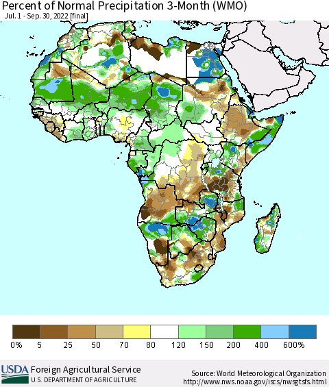 Africa Percent of Normal Precipitation 3-Month (WMO) Thematic Map For 7/1/2022 - 9/30/2022