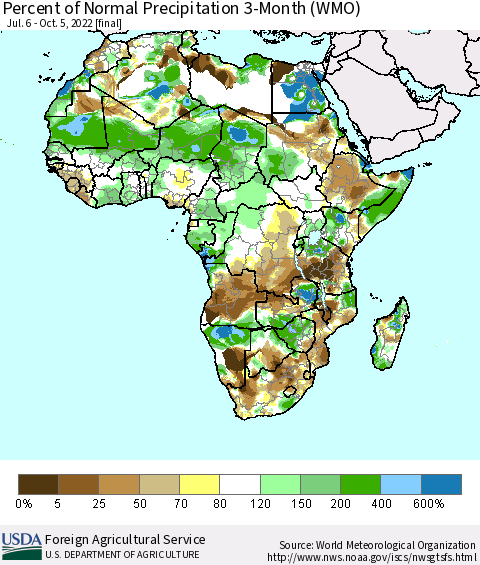 Africa Percent of Normal Precipitation 3-Month (WMO) Thematic Map For 7/6/2022 - 10/5/2022