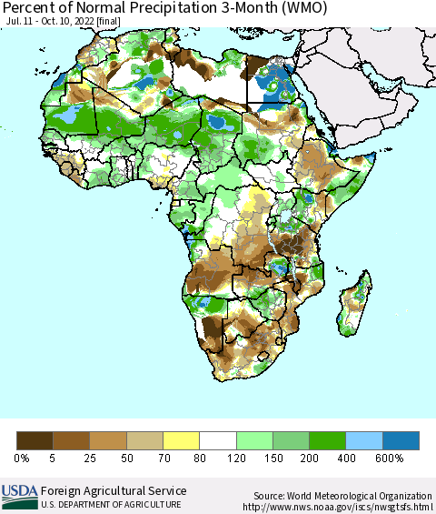 Africa Percent of Normal Precipitation 3-Month (WMO) Thematic Map For 7/11/2022 - 10/10/2022