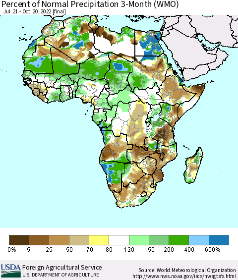 Africa Percent of Normal Precipitation 3-Month (WMO) Thematic Map For 7/21/2022 - 10/20/2022