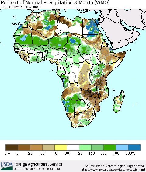 Africa Percent of Normal Precipitation 3-Month (WMO) Thematic Map For 7/26/2022 - 10/25/2022