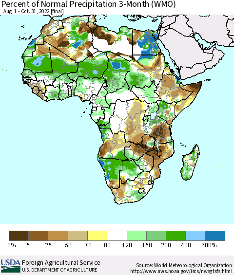 Africa Percent of Normal Precipitation 3-Month (WMO) Thematic Map For 8/1/2022 - 10/31/2022