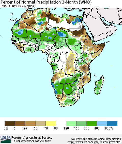 Africa Percent of Normal Precipitation 3-Month (WMO) Thematic Map For 8/11/2022 - 11/10/2022