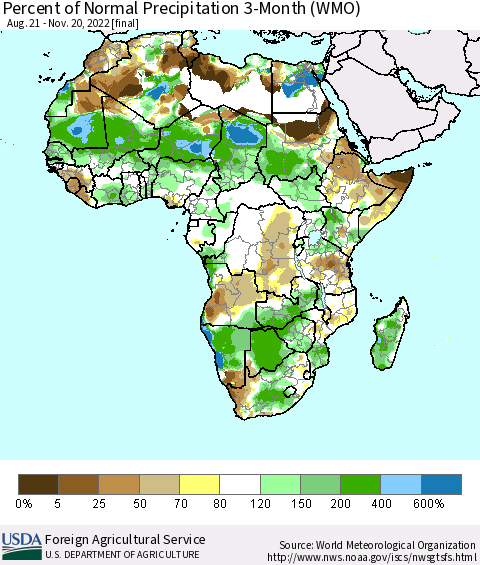 Africa Percent of Normal Precipitation 3-Month (WMO) Thematic Map For 8/21/2022 - 11/20/2022