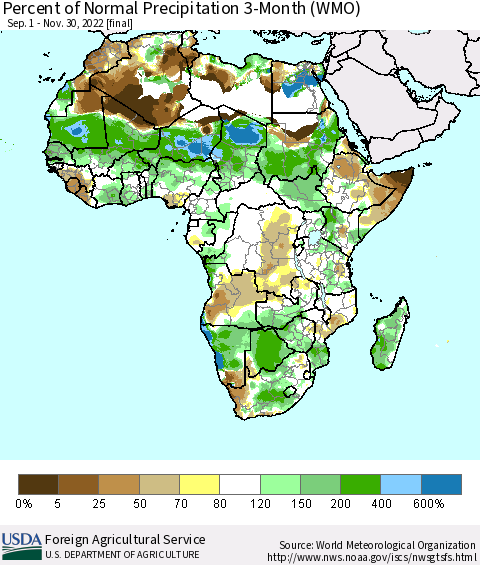 Africa Percent of Normal Precipitation 3-Month (WMO) Thematic Map For 9/1/2022 - 11/30/2022