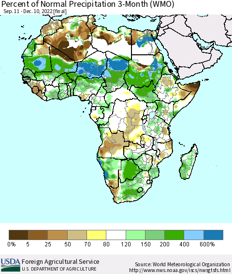 Africa Percent of Normal Precipitation 3-Month (WMO) Thematic Map For 9/11/2022 - 12/10/2022