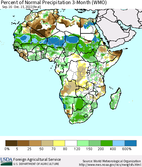 Africa Percent of Normal Precipitation 3-Month (WMO) Thematic Map For 9/16/2022 - 12/15/2022
