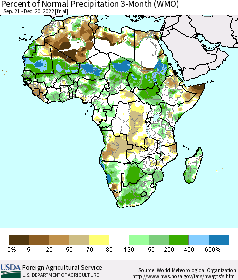 Africa Percent of Normal Precipitation 3-Month (WMO) Thematic Map For 9/21/2022 - 12/20/2022