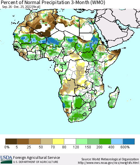 Africa Percent of Normal Precipitation 3-Month (WMO) Thematic Map For 9/26/2022 - 12/25/2022