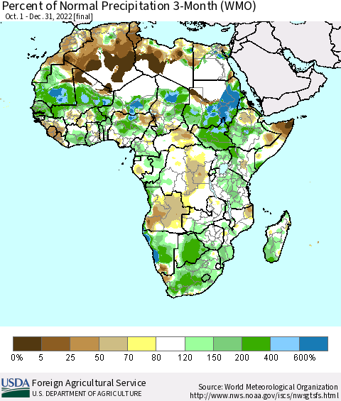 Africa Percent of Normal Precipitation 3-Month (WMO) Thematic Map For 10/1/2022 - 12/31/2022