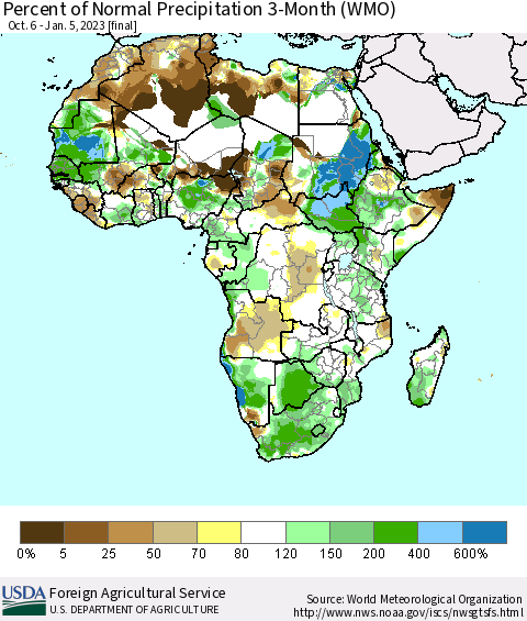 Africa Percent of Normal Precipitation 3-Month (WMO) Thematic Map For 10/6/2022 - 1/5/2023