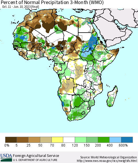 Africa Percent of Normal Precipitation 3-Month (WMO) Thematic Map For 10/11/2022 - 1/10/2023