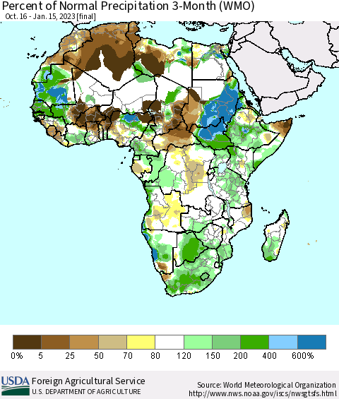 Africa Percent of Normal Precipitation 3-Month (WMO) Thematic Map For 10/16/2022 - 1/15/2023