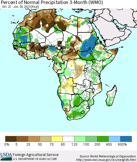 Africa Percent of Normal Precipitation 3-Month (WMO) Thematic Map For 10/21/2022 - 1/20/2023