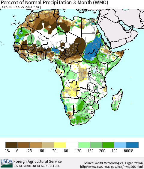 Africa Percent of Normal Precipitation 3-Month (WMO) Thematic Map For 10/26/2022 - 1/25/2023