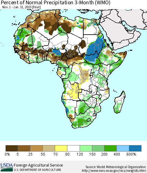 Africa Percent of Normal Precipitation 3-Month (WMO) Thematic Map For 11/1/2022 - 1/31/2023