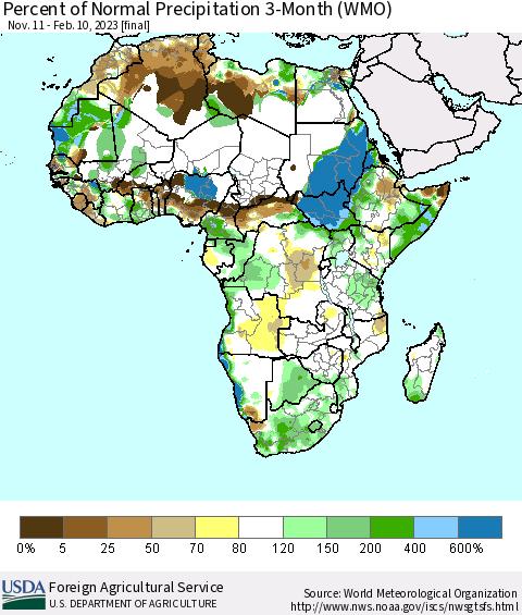 Africa Percent of Normal Precipitation 3-Month (WMO) Thematic Map For 11/11/2022 - 2/10/2023