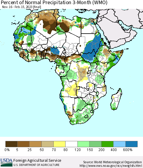 Africa Percent of Normal Precipitation 3-Month (WMO) Thematic Map For 11/16/2022 - 2/15/2023