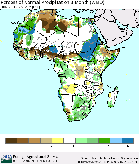 Africa Percent of Normal Precipitation 3-Month (WMO) Thematic Map For 11/21/2022 - 2/20/2023