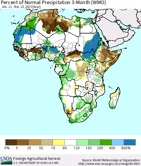 Africa Percent of Normal Precipitation 3-Month (WMO) Thematic Map For 12/11/2022 - 3/10/2023