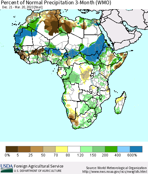 Africa Percent of Normal Precipitation 3-Month (WMO) Thematic Map For 12/21/2022 - 3/20/2023