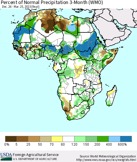 Africa Percent of Normal Precipitation 3-Month (WMO) Thematic Map For 12/26/2022 - 3/25/2023