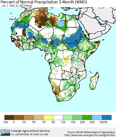Africa Percent of Normal Precipitation 3-Month (WMO) Thematic Map For 1/1/2023 - 3/31/2023