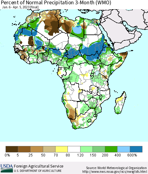 Africa Percent of Normal Precipitation 3-Month (WMO) Thematic Map For 1/6/2023 - 4/5/2023