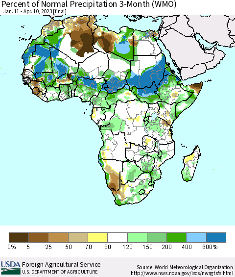Africa Percent of Normal Precipitation 3-Month (WMO) Thematic Map For 1/11/2023 - 4/10/2023