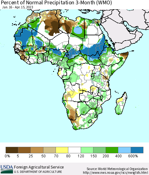 Africa Percent of Normal Precipitation 3-Month (WMO) Thematic Map For 1/16/2023 - 4/15/2023
