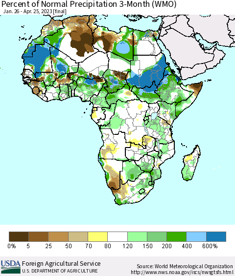 Africa Percent of Normal Precipitation 3-Month (WMO) Thematic Map For 1/26/2023 - 4/25/2023