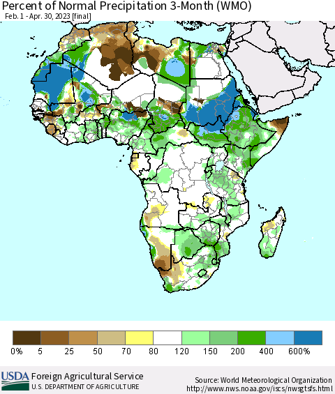 Africa Percent of Normal Precipitation 3-Month (WMO) Thematic Map For 2/1/2023 - 4/30/2023