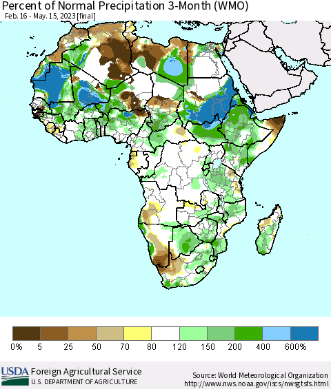 Africa Percent of Normal Precipitation 3-Month (WMO) Thematic Map For 2/16/2023 - 5/15/2023