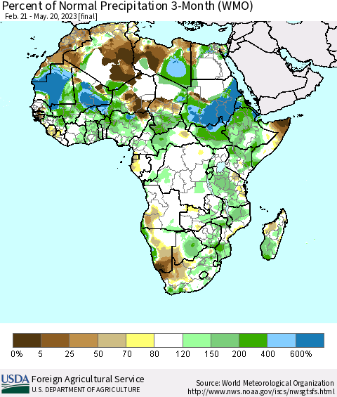 Africa Percent of Normal Precipitation 3-Month (WMO) Thematic Map For 2/21/2023 - 5/20/2023