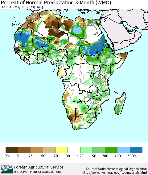 Africa Percent of Normal Precipitation 3-Month (WMO) Thematic Map For 2/26/2023 - 5/25/2023