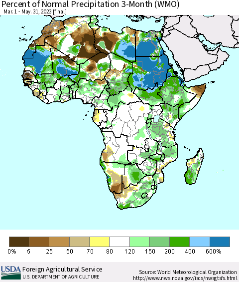 Africa Percent of Normal Precipitation 3-Month (WMO) Thematic Map For 3/1/2023 - 5/31/2023