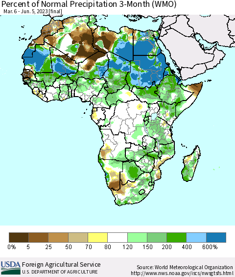 Africa Percent of Normal Precipitation 3-Month (WMO) Thematic Map For 3/6/2023 - 6/5/2023