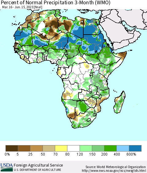 Africa Percent of Normal Precipitation 3-Month (WMO) Thematic Map For 3/16/2023 - 6/15/2023