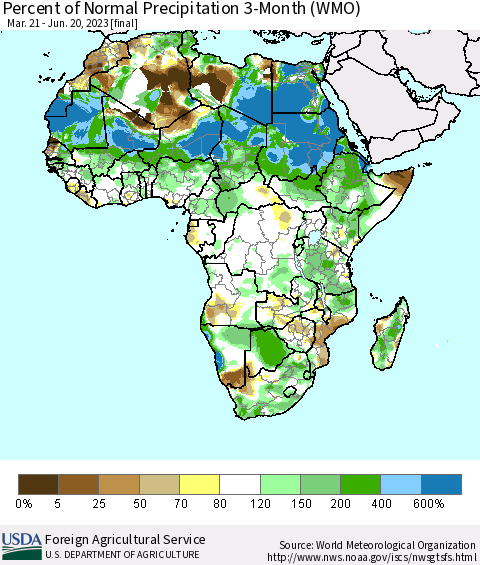 Africa Percent of Normal Precipitation 3-Month (WMO) Thematic Map For 3/21/2023 - 6/20/2023
