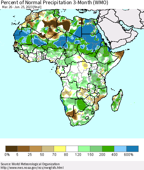Africa Percent of Normal Precipitation 3-Month (WMO) Thematic Map For 3/26/2023 - 6/25/2023
