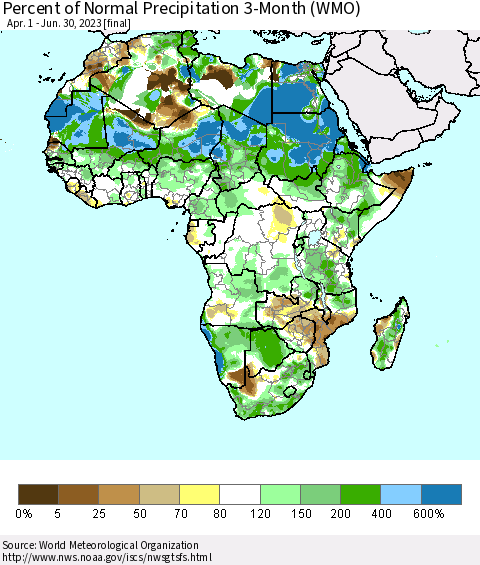 Africa Percent of Normal Precipitation 3-Month (WMO) Thematic Map For 4/1/2023 - 6/30/2023
