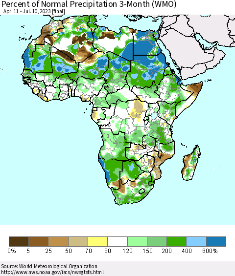 Africa Percent of Normal Precipitation 3-Month (WMO) Thematic Map For 4/11/2023 - 7/10/2023
