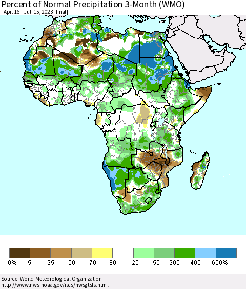 Africa Percent of Normal Precipitation 3-Month (WMO) Thematic Map For 4/16/2023 - 7/15/2023