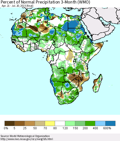 Africa Percent of Normal Precipitation 3-Month (WMO) Thematic Map For 4/21/2023 - 7/20/2023