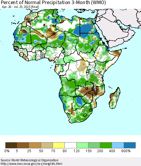 Africa Percent of Normal Precipitation 3-Month (WMO) Thematic Map For 4/26/2023 - 7/25/2023